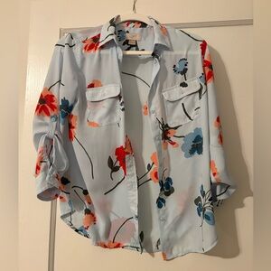 LOFT Light Blue Floral Button-Up Blouse